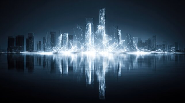 Abstract digital cityscape silhouette glows brightly over dark reflective water surface