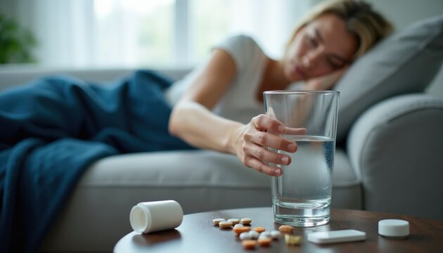 Sick woman lies on sofa under blanket reaching for water glass near pills. Feeling weak and tired, she rests at home, needs medicine for recovery.