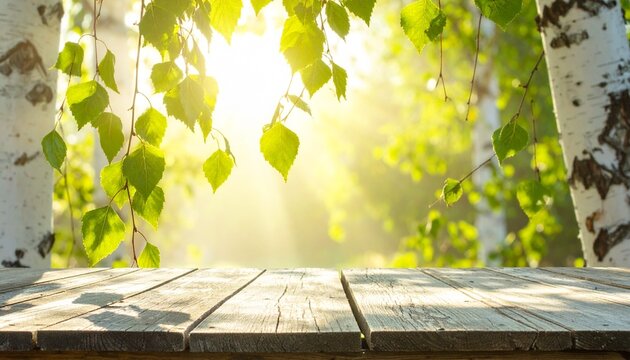 Weathered Wood Picnic Table Bathed in Dappled Sunlight Under Green Birch Leaves