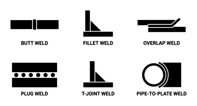 Welding Joint Types: Butt, Fillet, Overlap, Plug, T-Joint, Pipe-to-Plate Vector Icons Set, Industrial Manufacturing and Fabrication Diagrams