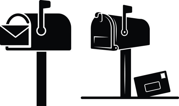 Black silhouette of two mailboxes with envelopes symbolizing postal communication, mail delivery, correspondence, and modern messaging concept in minimal design