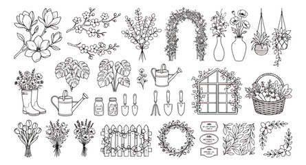Obraz premium Hand drawn garden line art collection, rustic botanical floral vector set, minimalist gardening tools and flower illustrations for wedding invitations