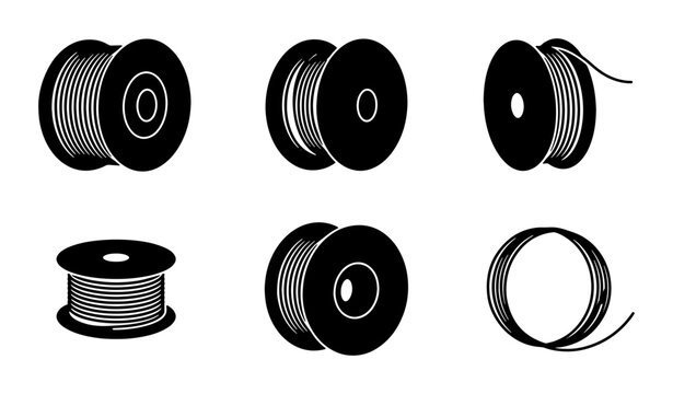 Industrial Wire Spools, Electrical Cable Reels, Coil Bobbins, Set of 6 Black Vector Icons for Manufacturing and Construction