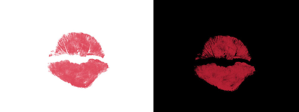 Bold Red Lipstick Kiss Mark with Defined Lip Contours on White and Black Split Background