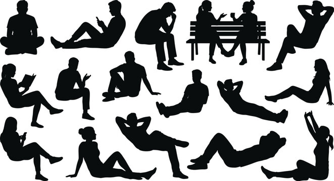 Collection of sitting and lying people silhouettes featuring men and women relaxing reading and talking on bench set