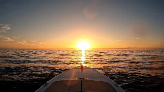 Bright POV looking straight ahead from boat heading directly into blinding beautiful golden sunset light.
