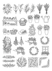 Obraz premium Hand drawn garden line art icons, black and white floral botanical vector set, rustic gardening elements for coloring pages and wedding stationery