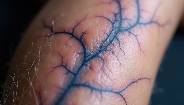 Macro view of dark blue veins on light skin, showing intricate vascular network under the surface. Delicate hairs sprout from textured epidermis. Condition related to circulation.