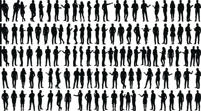 Mega collection of standing people silhouettes featuring men and women talking and commuting for architectural visualization entourage set