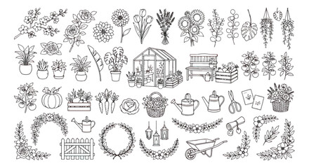 Obraz premium Hand drawn gardening line art collection, botanical flower and greenhouse vector set, minimalist garden tool icons and floral wreaths for coloring