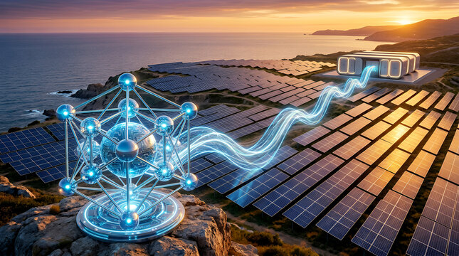 Solar panel field with glowing blue neural network connections at sunset solar panels