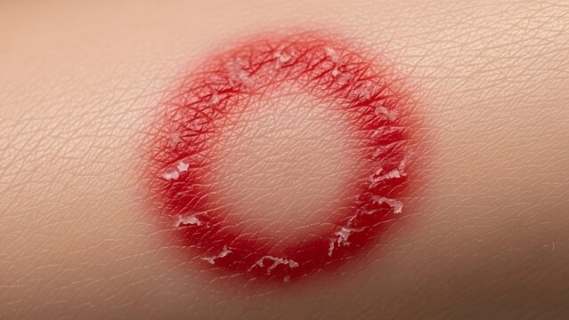 Close-up shot of ringworm infection on human skin, a common fungal skin condition presenting as a circular, red, and itchy rash with raised edges