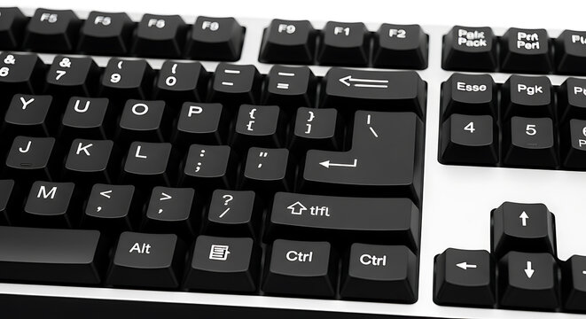 Black and silver apple keyboard with numeric keypad and function keys, isolated on white background