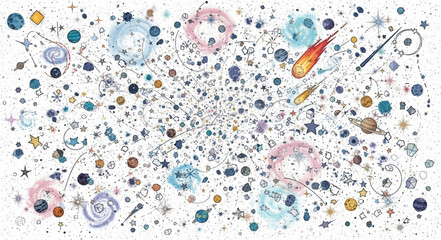 Whimsical Watercolor Space Scene with Planets and Stars. © Rapli