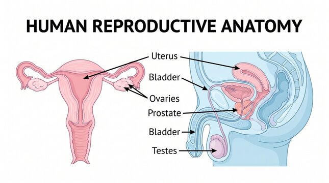 Detailed illustration showcasing the anatomy of both female and male human reproductive systems, with clear labels for organs such as the uterus, ovaries, and testes