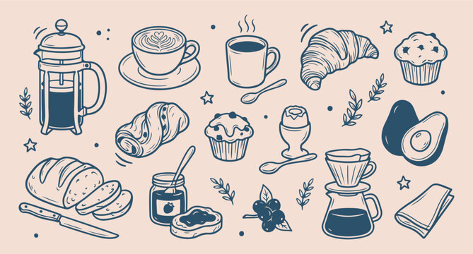 Bakery breakfast pastry collection, fresh bread coffee sketch, minimalist morning food vector, clean pastry shop illustration, modern kitchen graphic design, premium snack art set, isolated bakery ico