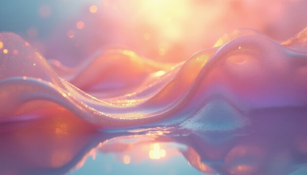 Soft flowing pastel waves shimmer with light reflections. Smooth abstract texture creates dreamy background with copy space. Gentle curves evoke calm serene mood.