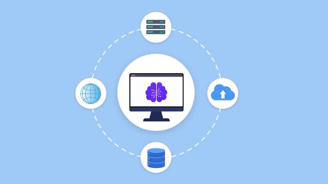 Animated flat technology dashboard featuring connected cloud services, network integration elements, and centralized digital workflow interface.