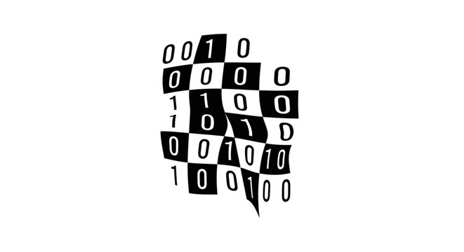A black and white digital pattern featuring binary code numbers