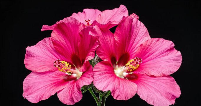 Pink Hibiscus Flowers on Black Background.