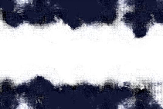 Abstract vector dark clouds texture background horizontal border. Graphic backdrop element navy blue  frame design dot pattern.