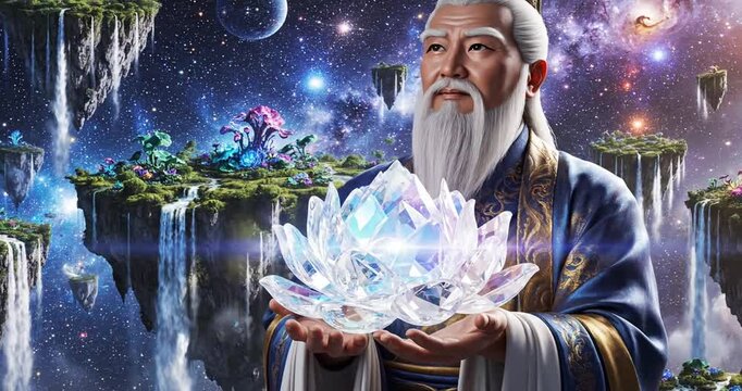 Mystic Man Holding Glowing Lotus Flower.