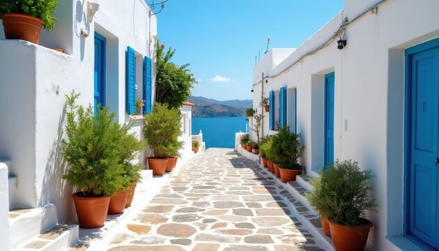 Narrow cobblestone street lined with white houses and blue doors. Green potted plants accent path leading to sparkling blue sea and distant hills. Sunny day in Mediterranean village.