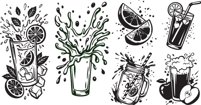 Cocktail glass collection featuring refreshing summer drinks with splashing liquid citrus slices ice cubes and fresh mint leaves in a detailed black and white graphic style.