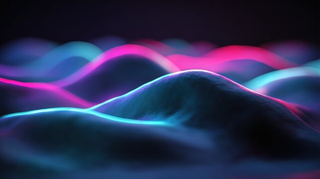 Illuminated abstract terrain features exhibit glowing neon wave patterns against a dark background.
