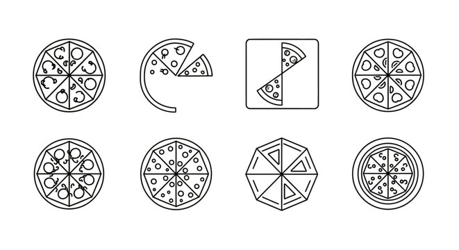 Set of eight hand-drawn pizza icons, diverse styles and toppings