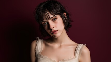 Naklejka premium Dark Textured Bixie Haircut on Burgundy Background