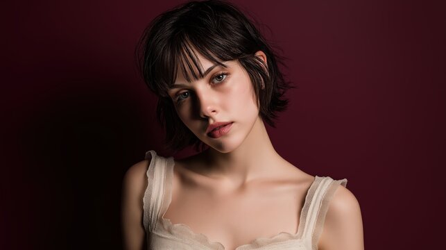 Dark Textured Bixie Haircut on Burgundy Background
