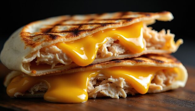 Warm chicken quesadilla stuffed with pulled meat and melted cheese. Grilled tortilla folded over chicken filling. Delicious cheesy tex-mex food.