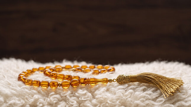 Islamic amber prayer beads tasbih on white fluffy rug with dark wooden background copy space