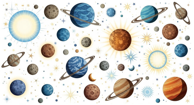 Watercolor Solar System Planets and Stars.