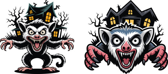 Fototapeta premium Creepy monstrous rat creature with sharp claws and fangs in front of haunted house illustration, scary halloween monster art, frightening cartoon style.