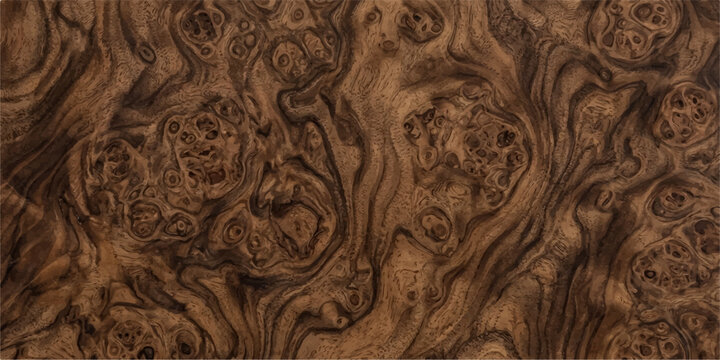 Rich burl wood texture with intricate swirling grain patterns, showcasing deep brown and black hues for a luxurious natural finish.