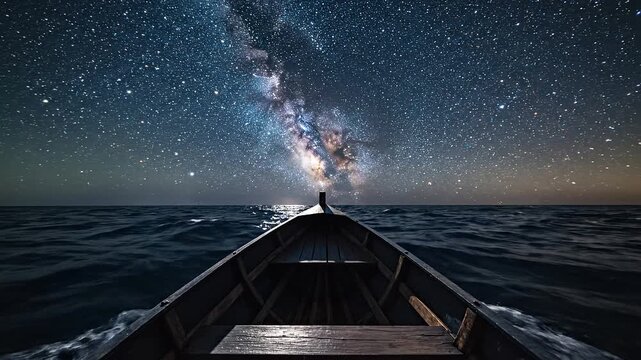 POV from the bow of a boat cutting through dark midnight-blue waves under a vivid starry sky