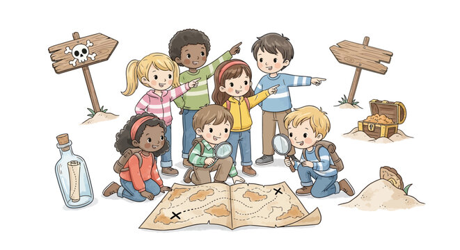 group of children on treasure hunt with map and magnifying glass