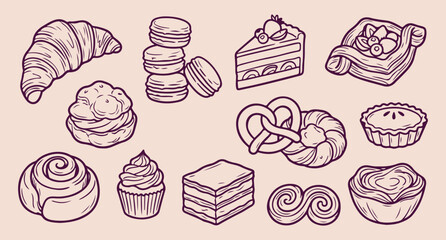Pastry shop essentials, sweet baking icons, minimalist cake set, hand drawn dessert illustrations, monoline bakery art, modern treat elements, delicious snack design pastry, shop, essentials, sweet, b © Geetaroy