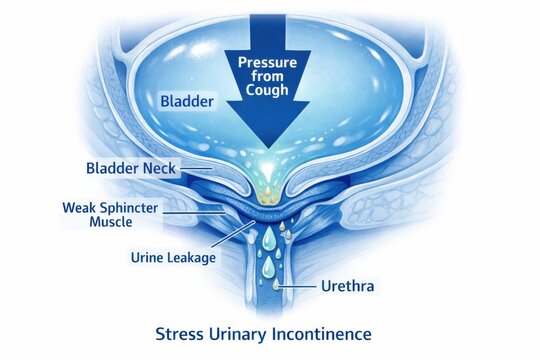 Pelvic floor stress urinary incontinence cross section shows weak urethral sphincter with bladder neck under pressure, urine leakage droplets during cough force, medical education render