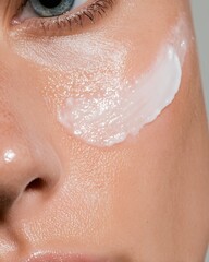 Fototapeta premium Cream smear cheek blue eyes skin glow beauty skincare
