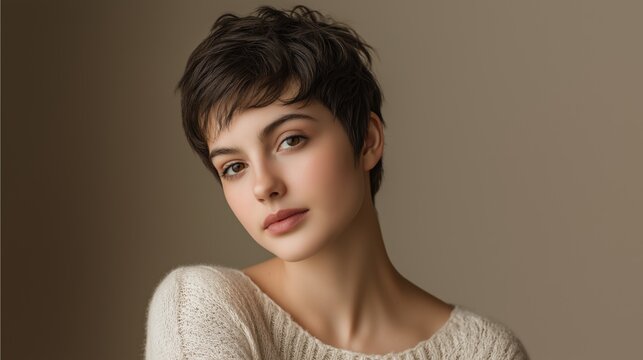 Soft Short Bixie Haircut with Ivory Sweater