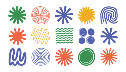 Colorful abstract vector shapes collection spirals waves and starbursts for graphic design © Universal Icons Lab