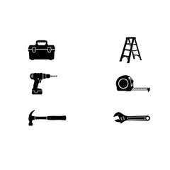 Naklejka premium Construction tools icon set, silhouette, white background