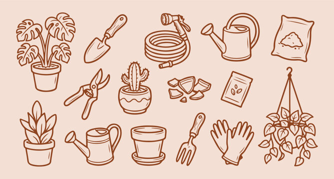 gardening landscaping tasks pattern, planting outdoor flowers, yard maintenance equipment, nature grow hobby, watering plant care, minimal line art, vector background design
gardening, landscaping, ta
