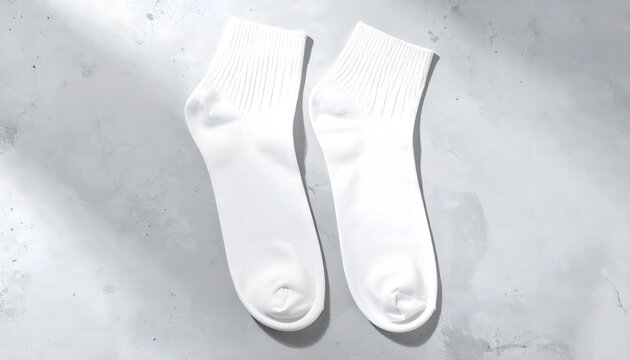 Pair of blank white ankle socks mockup on textured gray background