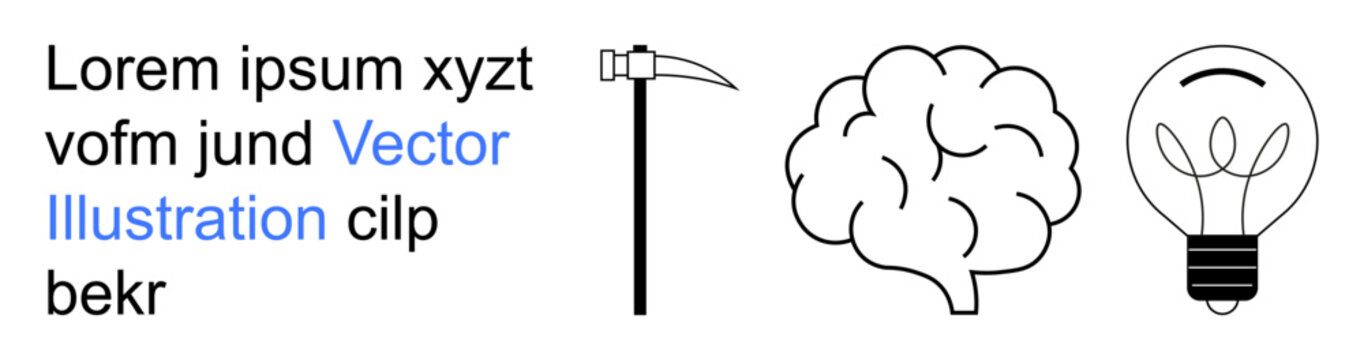 Creativity, innovation, problem-solving, brainstorming, mining knowledge, idea generation. Minimalist design of a lightbulb, brain and pickaxe. Creativity and innovation concepts