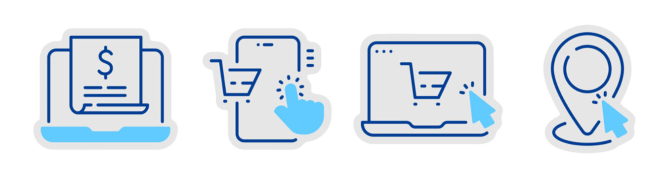 E commerce transaction icons showing shopping and payment flows. Editable stroke