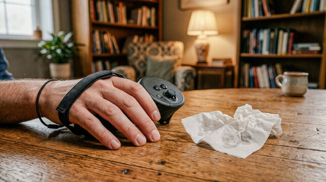 VR therapy session with controller and emotional human detail